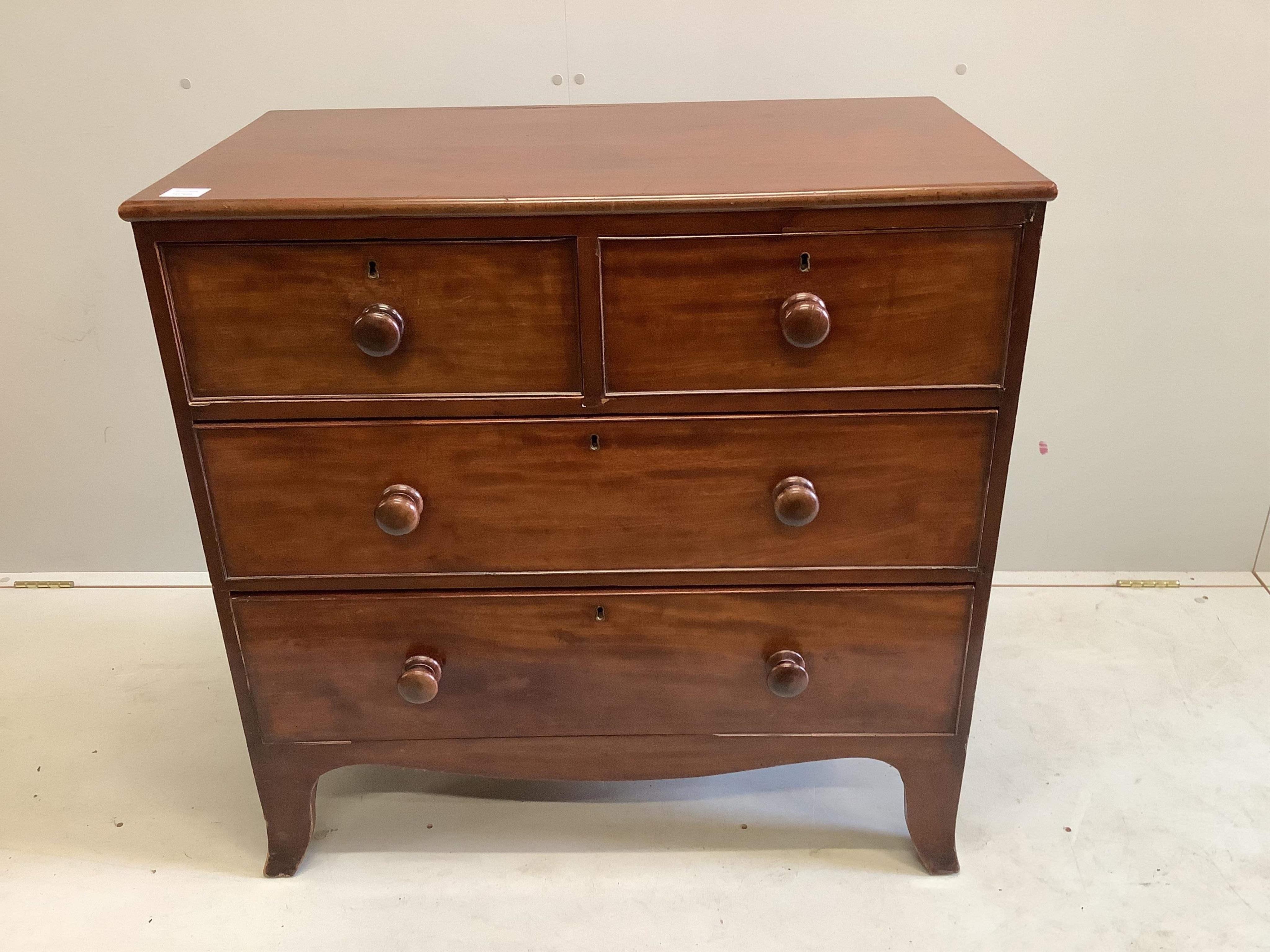 A small Victorian mahogany four drawer chest, width 90cm, depth 47cm, height 89cm. Condition - fair